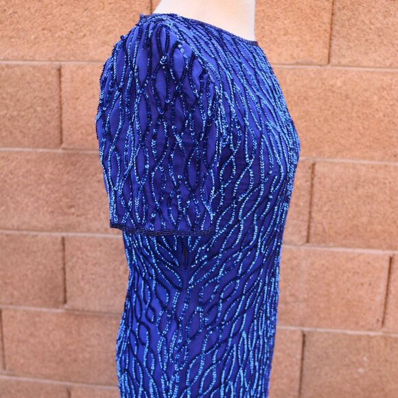 Laurence Kazar Silk Dress Womens SP Royal Blue Sequined Beaded Cocktail 90s - Picture 4 of 15